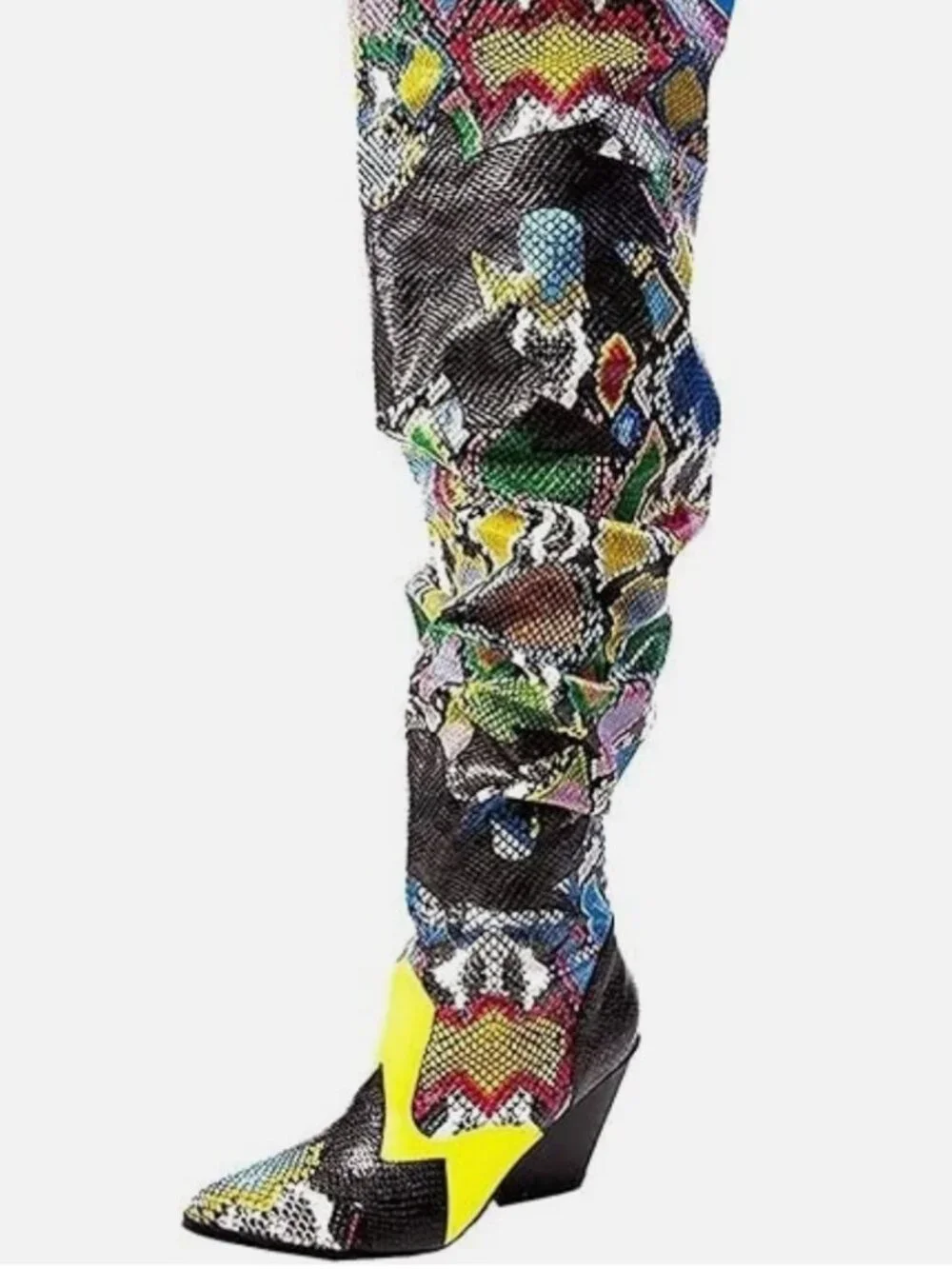 Thigh high multi color faux snake skin boots